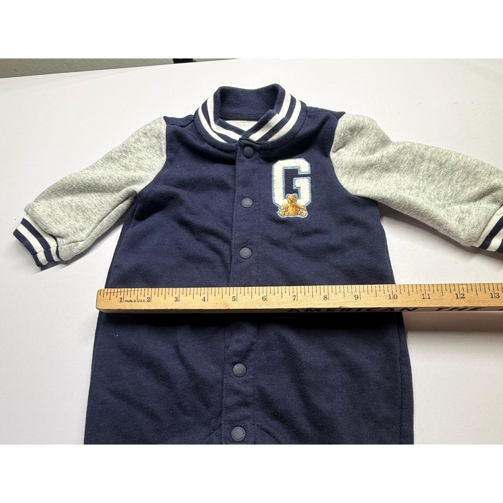 Baby Gap Varsity Romper Navy Blue Gray Bear Patch Snap Front 3-6 Months - Picture 8 of 9